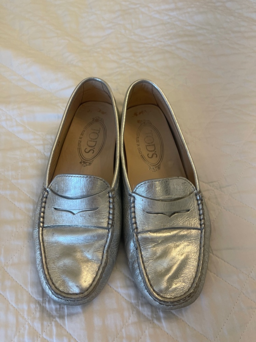 TOD'S Metallic Silver Leather Penny Loafers
